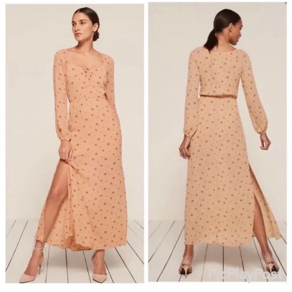 Reformation Dress Augusta Maxi Floral Gathered Crepe Side Slit Vacation Festival
